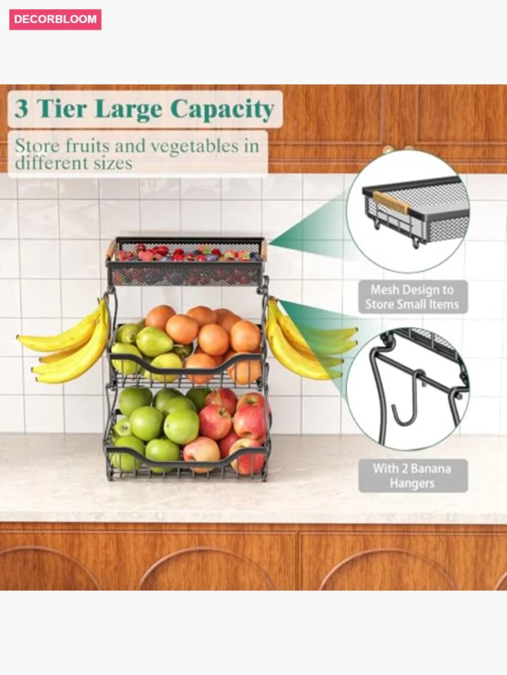 3 Tier Countertop Fruit Mesh Basket with Banana Hooks
